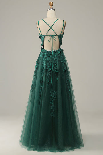 Abito da ballo in tulle verde scuro A Line con spacco